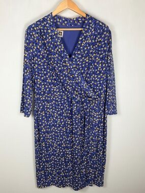 Anne Klein 2X Wrap Dress Blue Floral Midi V Neck Career Office Stretch Lined
